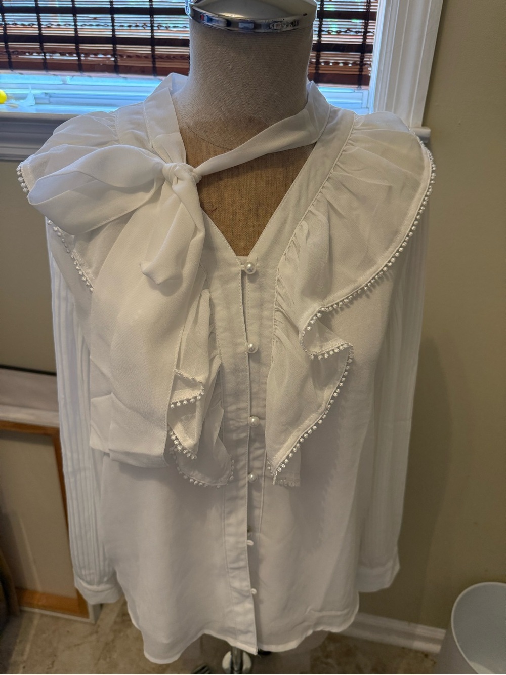 White Ruffled Tie-Neck Blouse